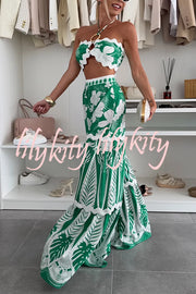 Cassie Ric Rac Trims Unique Print Halter Ring Tank and High Rise Wide Leg Pants Set