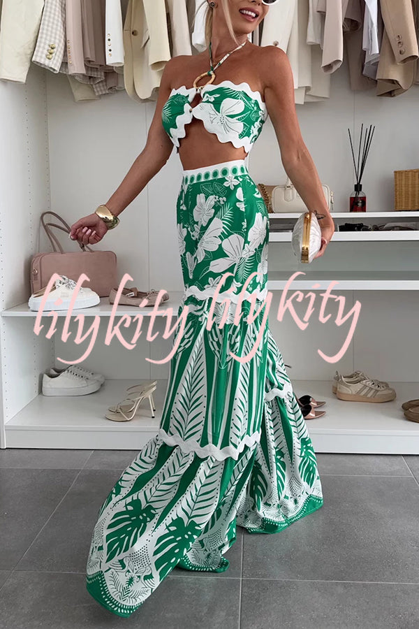 Cassie Ric Rac Trims Unique Print Halter Ring Tank and High Rise Wide Leg Pants Set