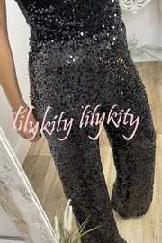 Glitzy Glamour Sequin High Rise Elastic Waist Wide Leg Pants