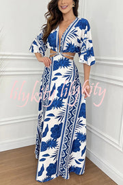 Wilma Unique Print Cutout Elastic Waist Tie-up Kimono Sleeve Maxi Dress