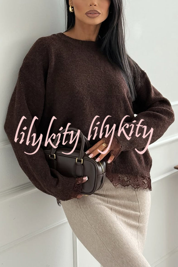 Caitlin Knit Lace Trim Patchwork Long Sleeve Back Slit Relaxed Sweater