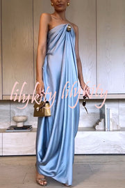 Venus Satin Gold Beaded Off Shoulder Draped Evening Maxi Dress