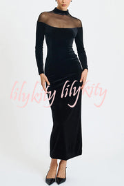 Fashionable Velvet and Mesh Spliced long-sleeved Slim-fit Maxi Dress