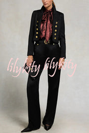 Ariella Metallic Satin Fabric Tie-up Bow Neck Long Sleeve Blouse