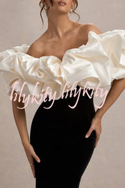 Cecily Velvet Off Shoulder Satin Structured Bardot Neck Stretch Maxi Dress