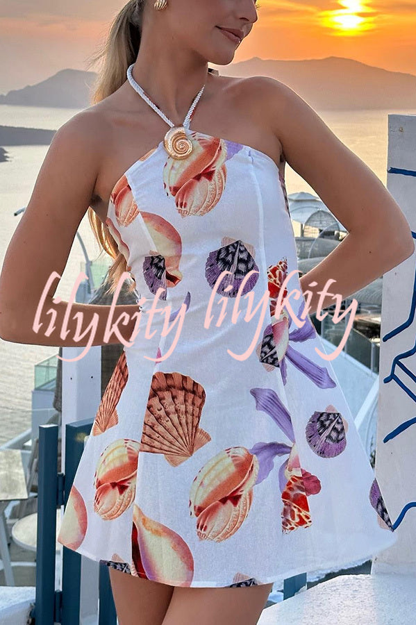 Seaside Bouquet Linen Blend Shells Unique Print Halter Mini Dress