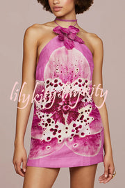Artistic Flavor Linen Blend Printed Orchid Shape Halter Mini Dress