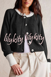 Stylish Contrasting Crew Neck Buttoned Knitted Cardigan