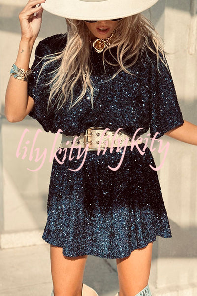 Night Moves Sequin Fabric Short Sleeve Backless H-line Mini Dress