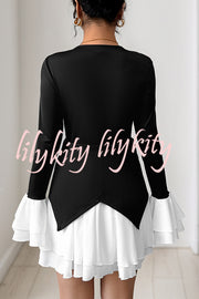 Fashionable Contrast Color Panel Long Sleeve Ruffled Mini Dress