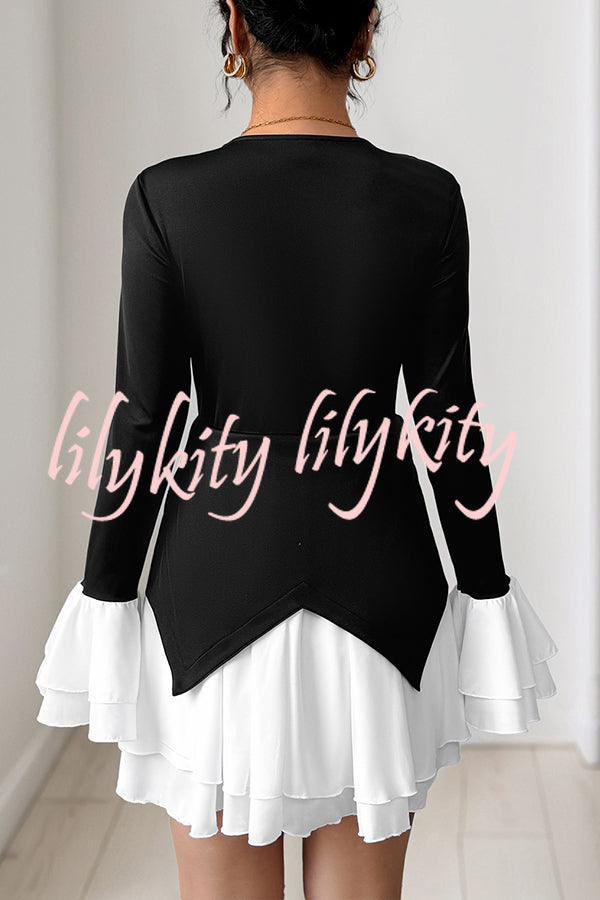 Fashionable Contrast Color Panel Long Sleeve Ruffled Mini Dress