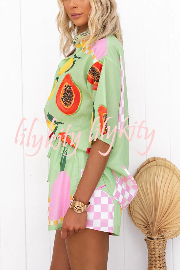 Summer Days Unique Fruit Print Loose Shirt and Elastic Waist Shorts Set