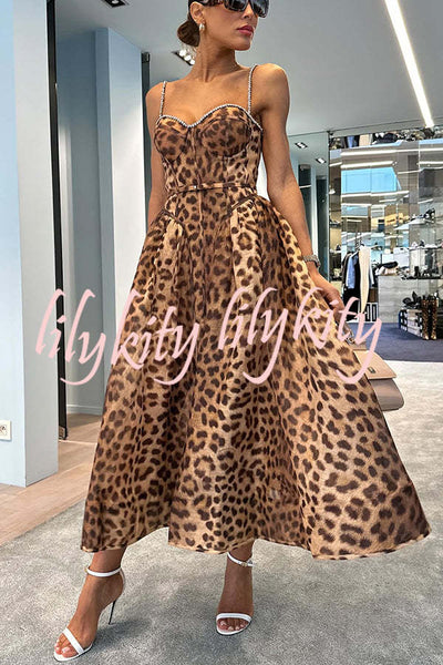 Unleash Your Wild Leopard Rhinestone Trim Back Smocked Midi Dress