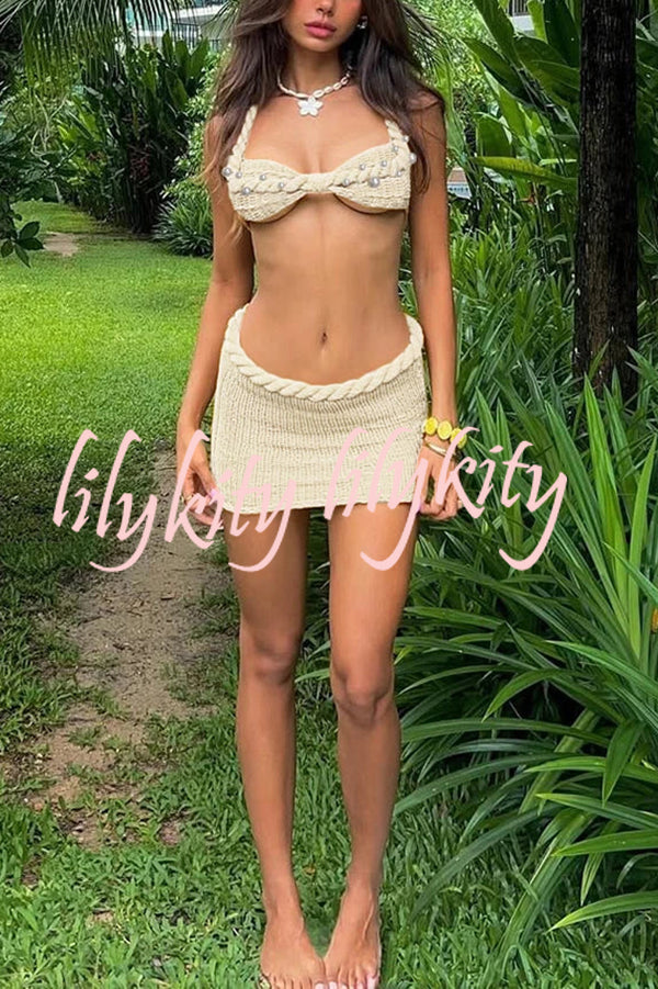 Sexy Halterneck Pearl-embellished Lace-up Tank and Fitted Knit Mini Skirt Set