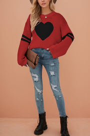 Fashionable Heart-shaped Jacquard Long-sleeved Loose Knit Sweater
