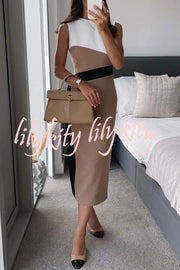 Workwear Day Colourblock Tailored Pencil Slit Stretch Midi Dress