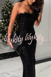 Darcy Sequin Feather Trim Off Shoulder Ruched Slit Stretch Maxi Dress