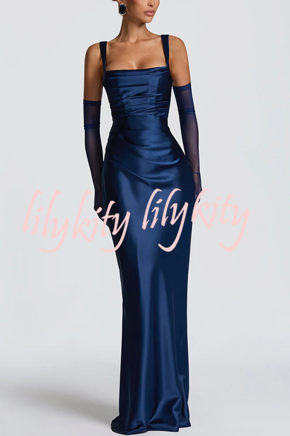 Calanthe Satin Square Neck Ruched Back Lace-up Drape Mesh Scarf Maxi Dress