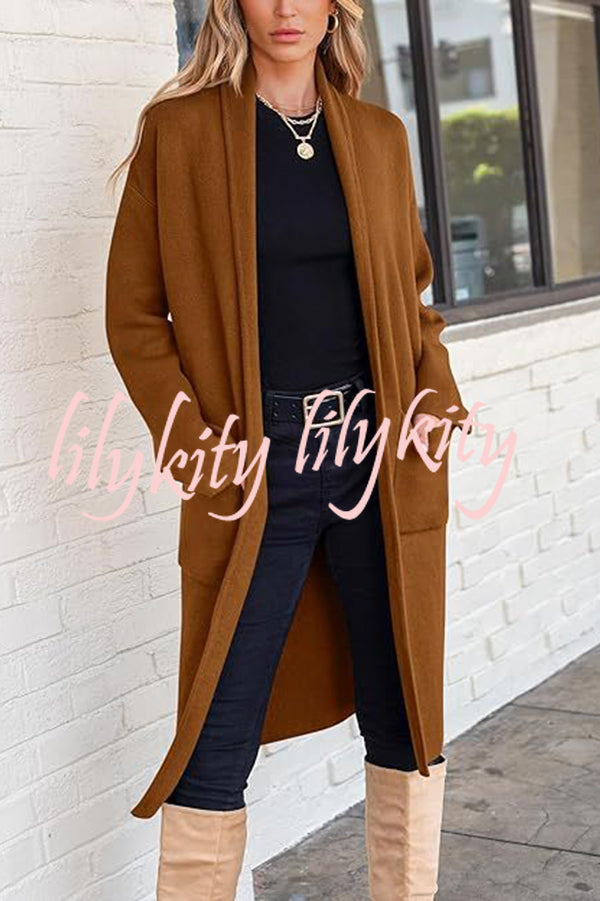 Solid Color Long-sleeved Casual Loose Pocket Mid-length Cardigan