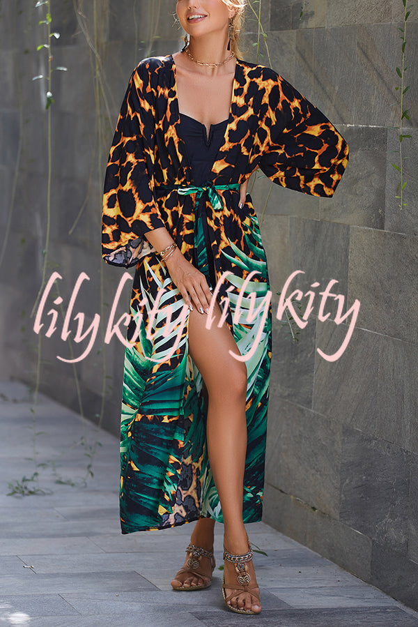 Unique Print Loose Lace Up Holiday Maxi Cover Up