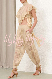 Ellie Lace Gathered Waist Pocket Button Ankle Cuffs Harem Pant