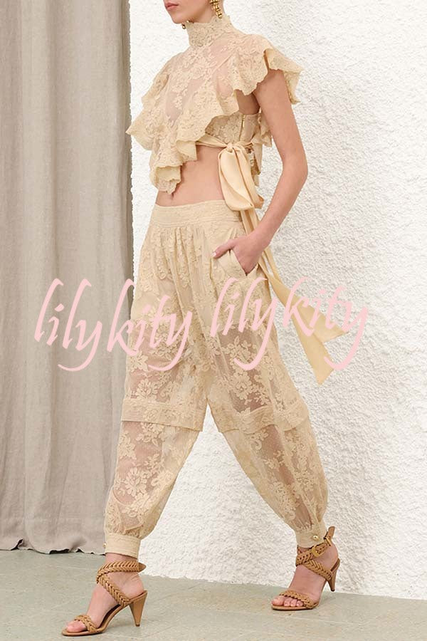 Ellie Lace Gathered Waist Pocket Button Ankle Cuffs Harem Pant