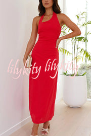 Solid Color Sleeveless Halter Neck Backless Slim Fit Maxi Dress