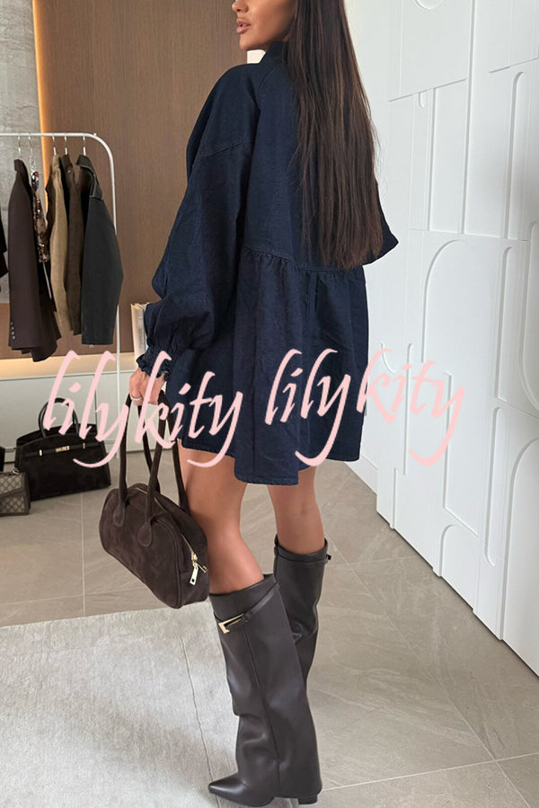 Fashion Heart Button Long Sleeve Casual Pocket Denim Mini Dress