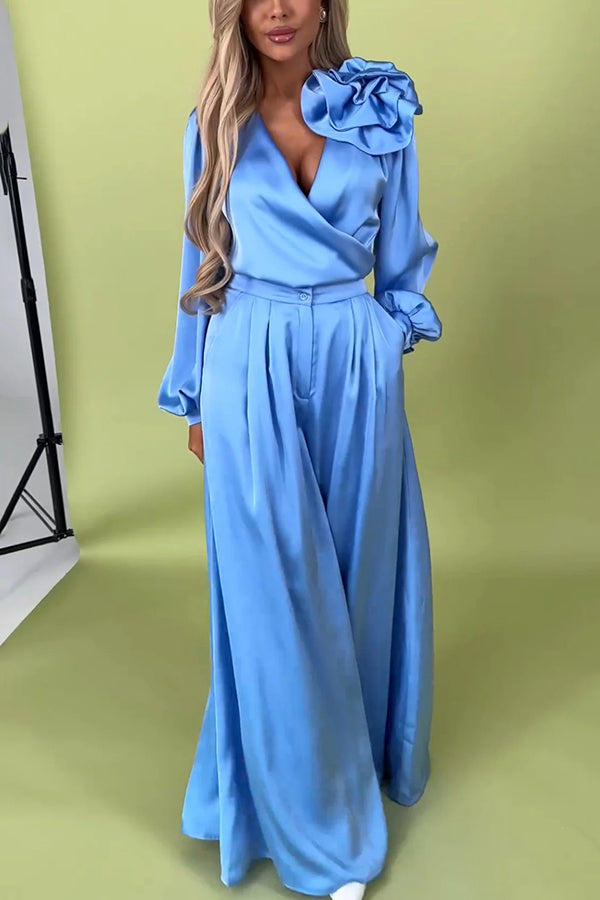 Solid Color V-neck Long-sleeved Large Flower Decorated Top and Casual Pocket Wide-leg Pants Set