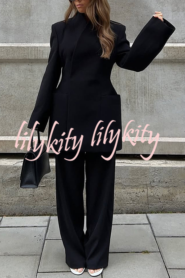 Solid Color Lapel Long Sleeve Casual Pocket Long Blazer