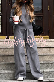 Effortlessly Stylish Ribbed Zipper High Neck Sweatshirt and Elastic Waist Pocketed Loose Pants Set