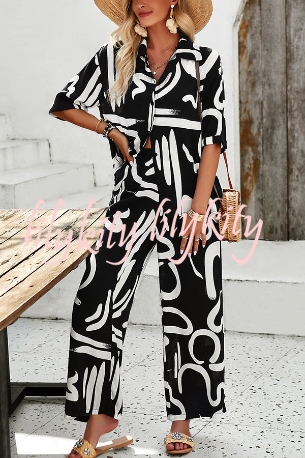 Irregular Printed Button Pocket Long Sleeved Shirt and Elastic Waist Pants Set