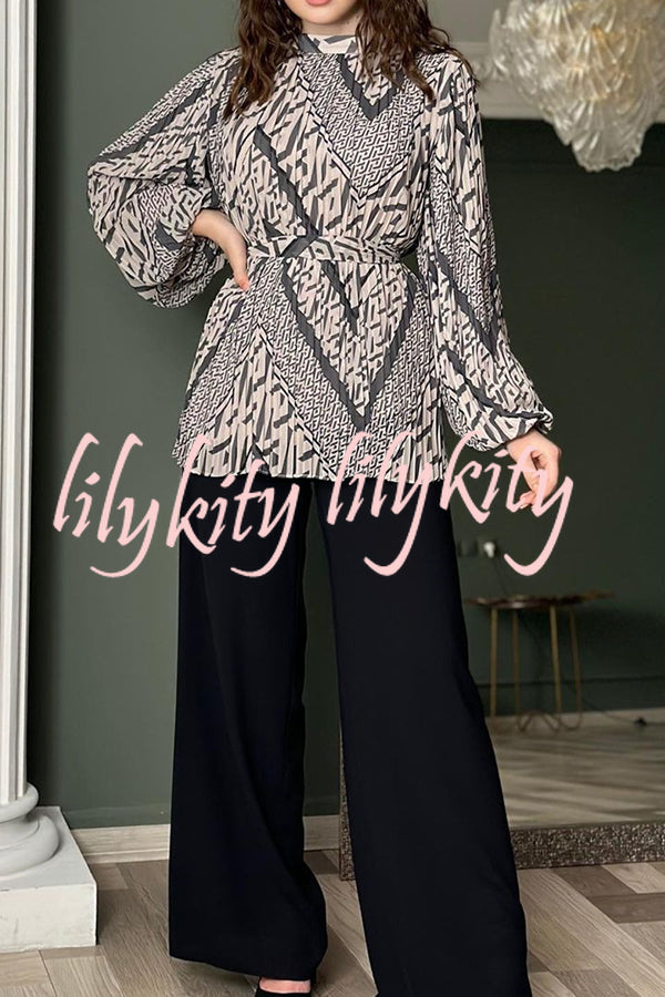 Unique Printed Puff Sleeve Pleated Loose Top and Casual Wide-leg Pants Set