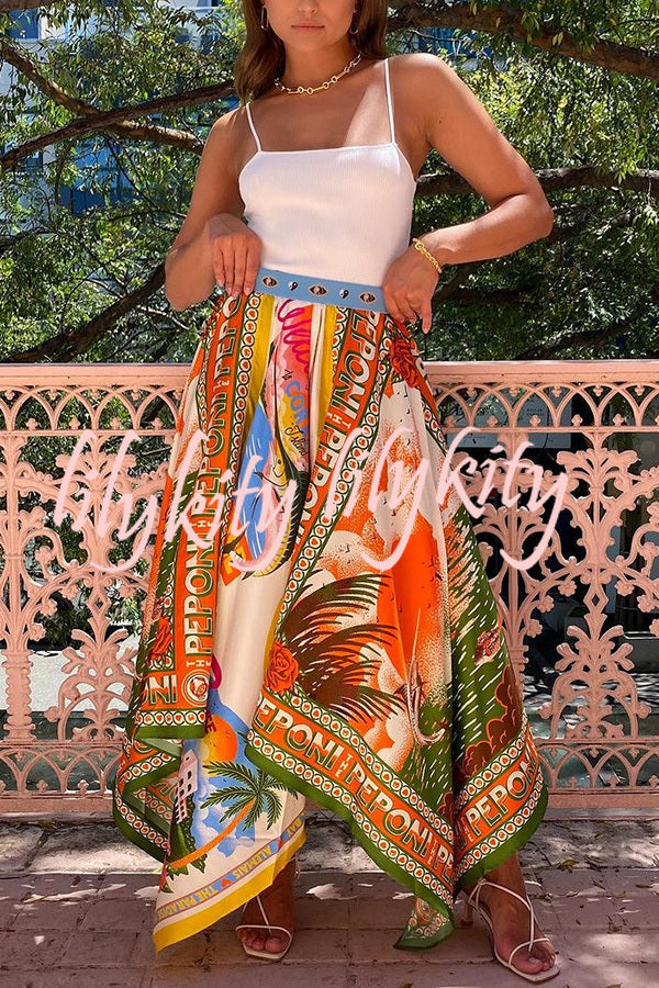 Summer Destination Satin Unique Print Elastic Waist Irregular Hem Maxi Skirt