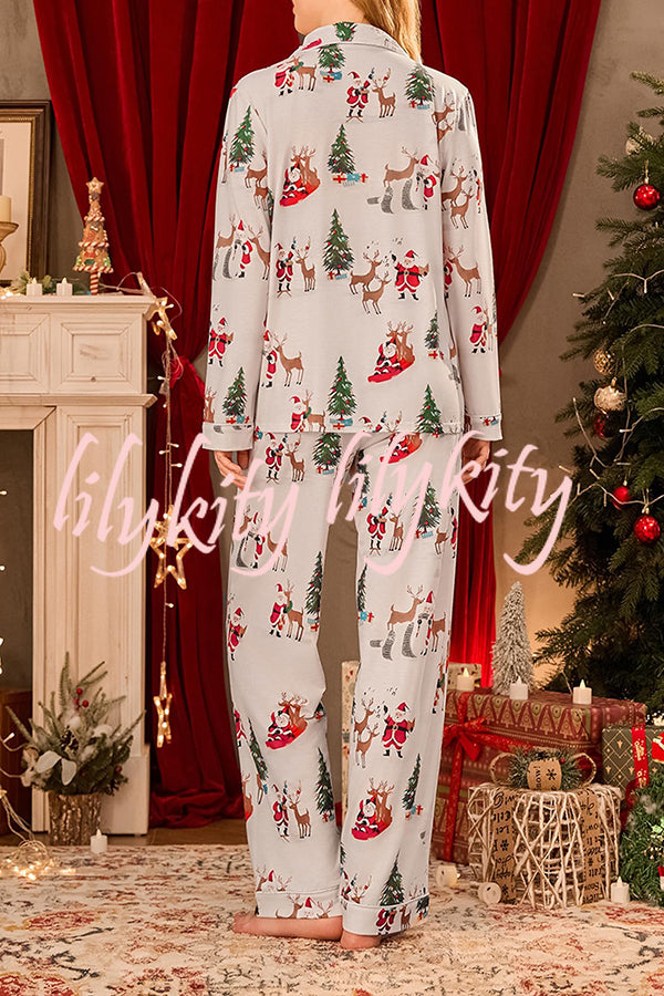 Christmas Holiday Print Long Sleeve Pocket Top and Elastic Waist Loose Pants Set