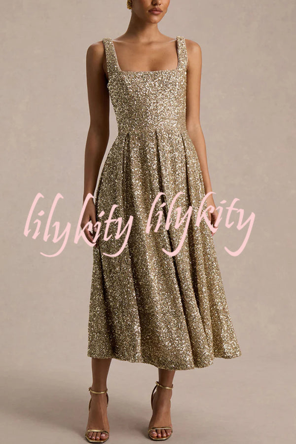Effortless Sparkle Sequin Square Neck Wide Strap A-Line Midi Dress