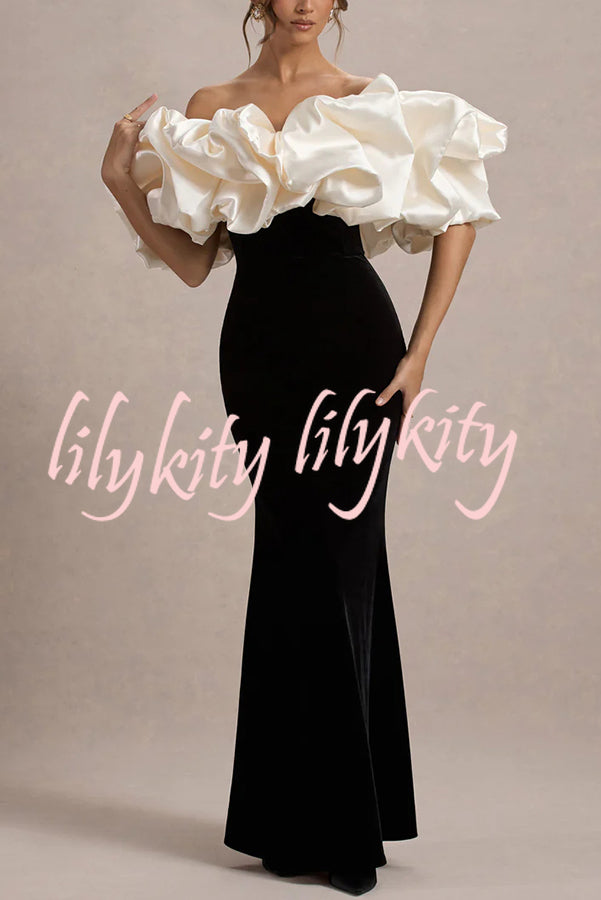 Cecily Velvet Off Shoulder Satin Structured Bardot Neck Stretch Maxi Dress