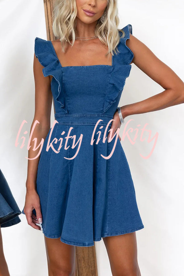 Sweet Secret Denim Square Neck Ruffle Sleeve Stretch Mini Dress