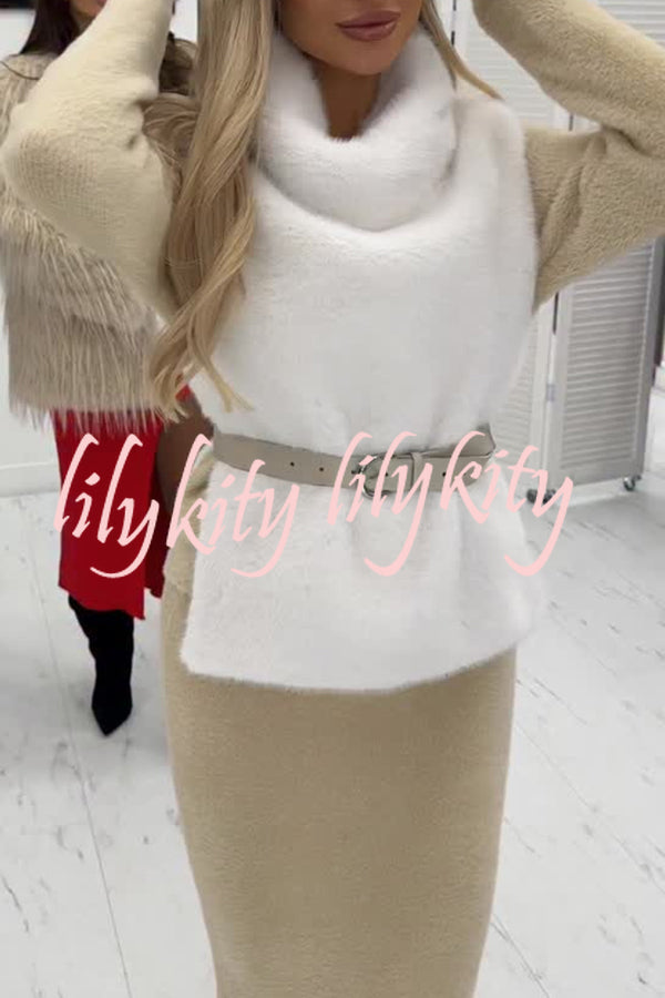 Warm and Stylish Shaggy Eco-fur Stand Collar Side Slit Vest