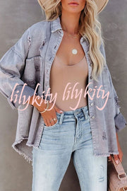 Stylish Lapel Long Sleeve Ripped Denim Jacket