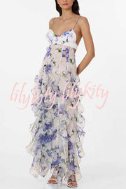 Sunrise Goddess Chiffon Roses Print Ruffles Tiered Trim Maxi Dress