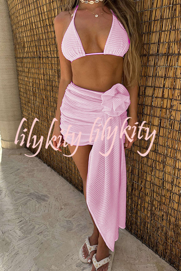 Solid Color Sexy Lace-Up Stretch Two-Piece Bikini Swimsuit and Flower Decorated Beach Mini Skirt Set