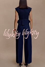 Charley Denim Button Up Cap Short Sleeve Structured Tie-up Lapel Top