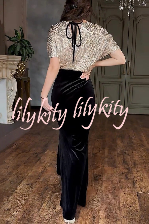 Elegant V-neck Sequined Velvet Stitching Sexy Slit Maxi Dress