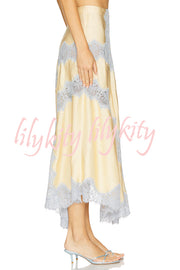 Wine Tasting Contrast Color Satin Lace Trim Irregular Hem Drape Midi Skirt
