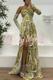 Reina Chiffon Floral Print Pleated Bodice Split Sleeve Strapless Slit Maxi Dress