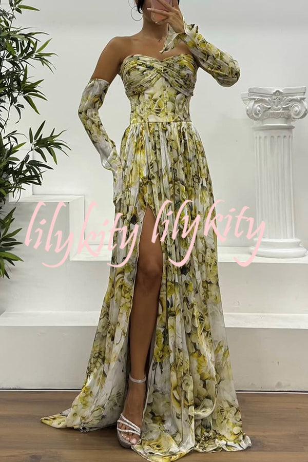 Reina Chiffon Floral Print Pleated Bodice Split Sleeve Strapless Slit Maxi Dress