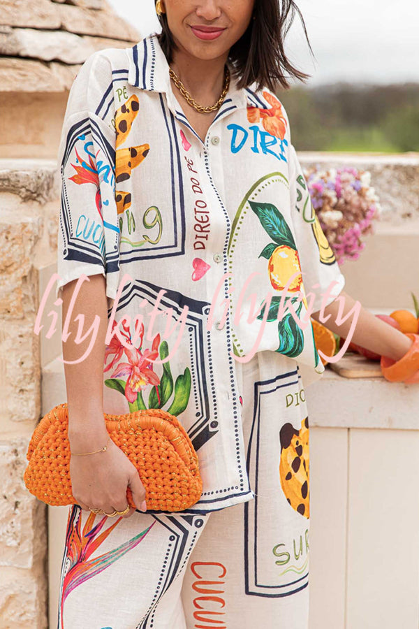 Summer Plant Fruit Print Casual Short Sleeve Shirt and Elastic Waist Loose Wide Leg Pants Set