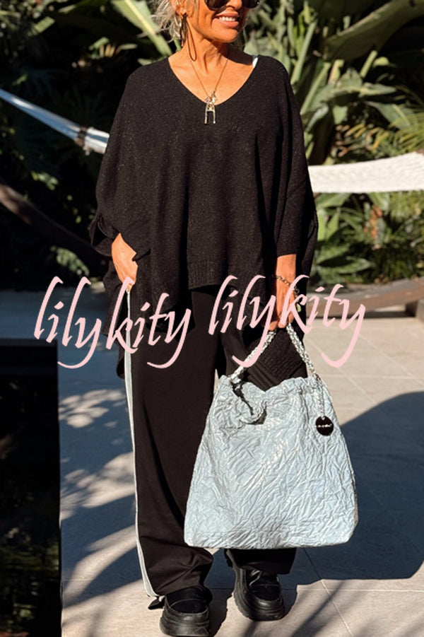 Fashion V-neck Loose Pocket Mid-length Knitted Sweater