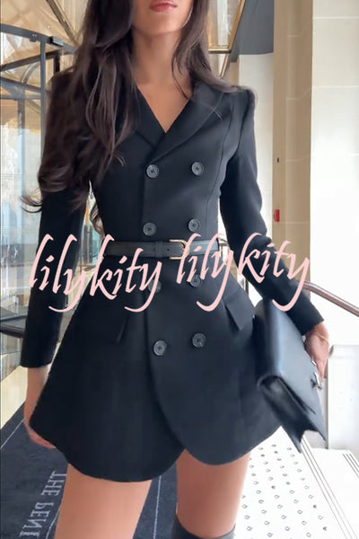 Parisian Style Double-breasted Long Sleeve Flare Hem Lapel Blazer Mini Dress